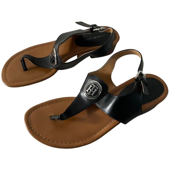 Tommy Hilfiger Womens Size 7.5 Black Shoes Leather Sandals TH Logo Open Toe - Picture 5 of 8